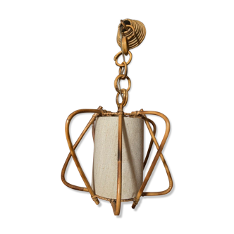 Vintage rattan and canvas pendant lamp 70s