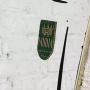 Free-form 60s screen-printed rearview mirror on gold frame