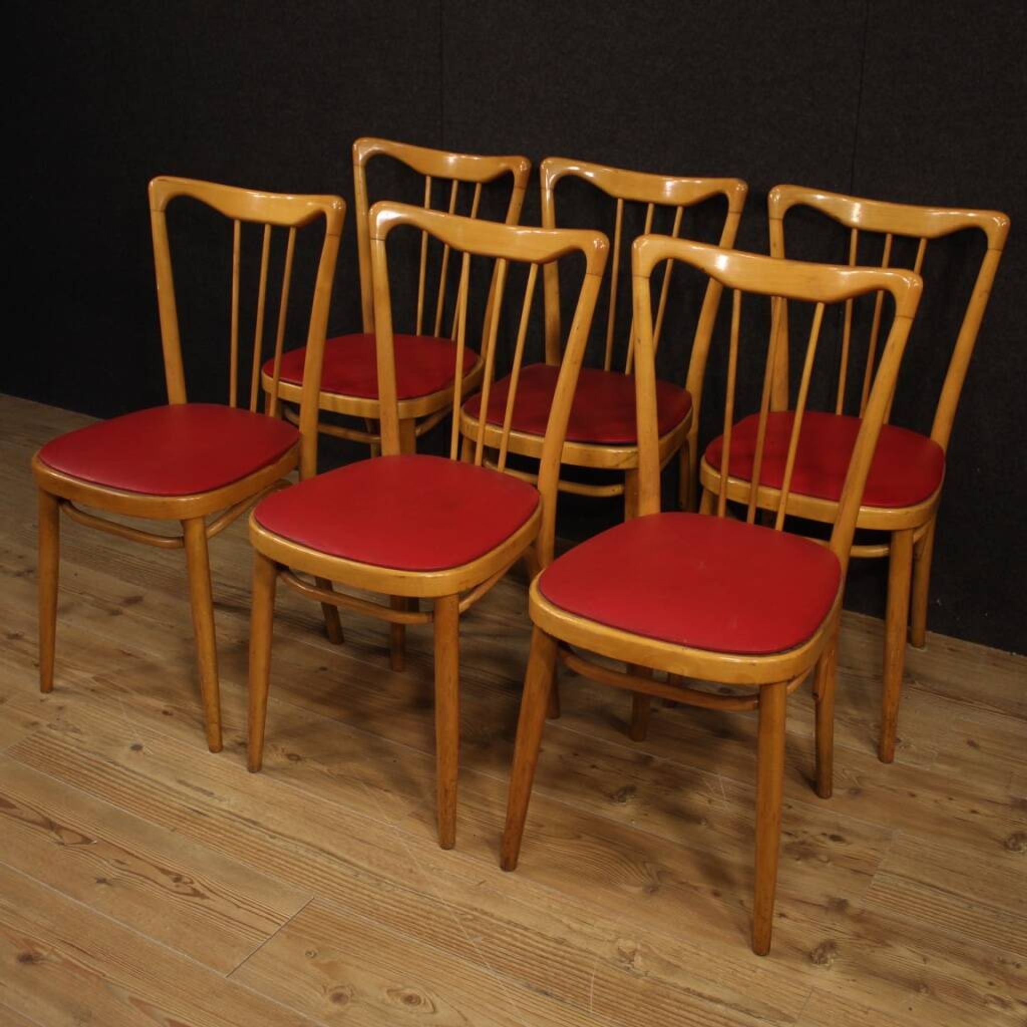 Italian Design Chairs In Exotic Wood And Faux Leather From 60s