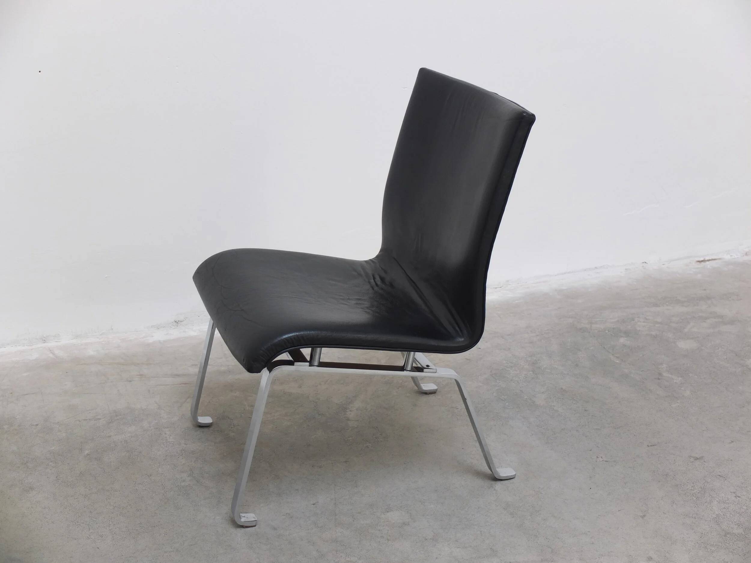 Unique black leather & steel modernist lounge chair, 1960s