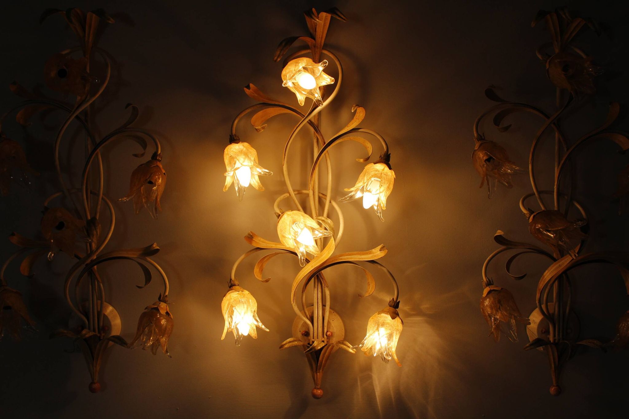 Set of 10 Wall Lights from colored hand crafted iron and Murano glass