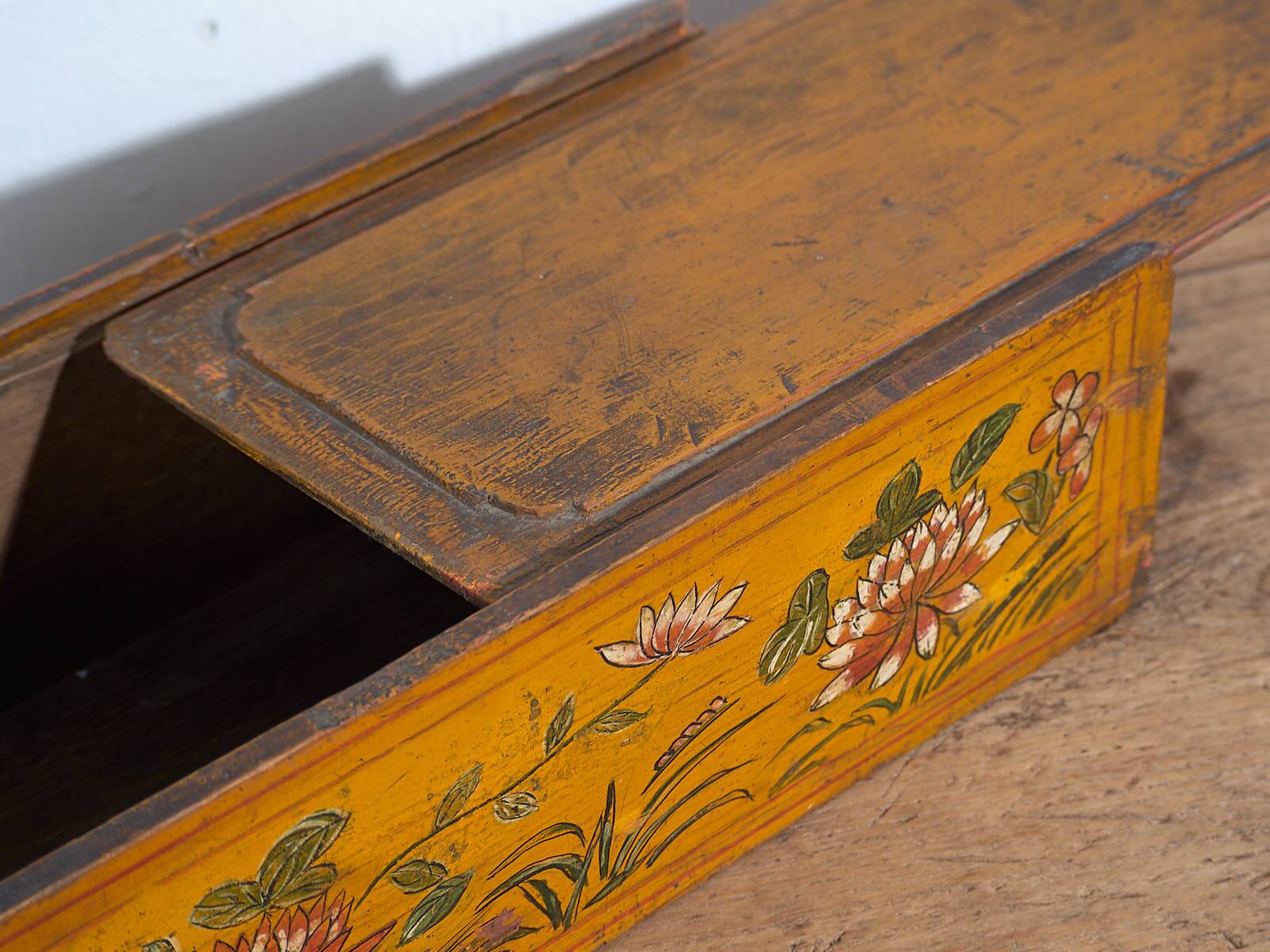 Antique Asian ochre-colored box with lotus flowers (c.1900) #1