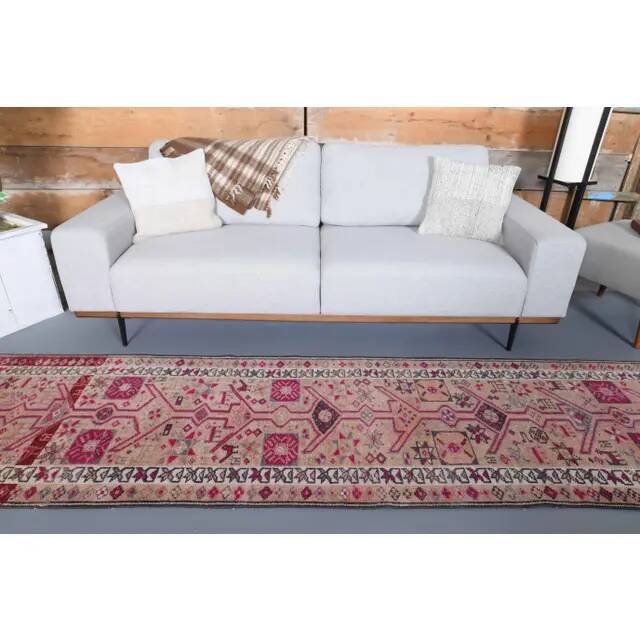1970s Vintage Turkish Hand-Knotted Wool Cotton Beige Runner Rug 80x348
