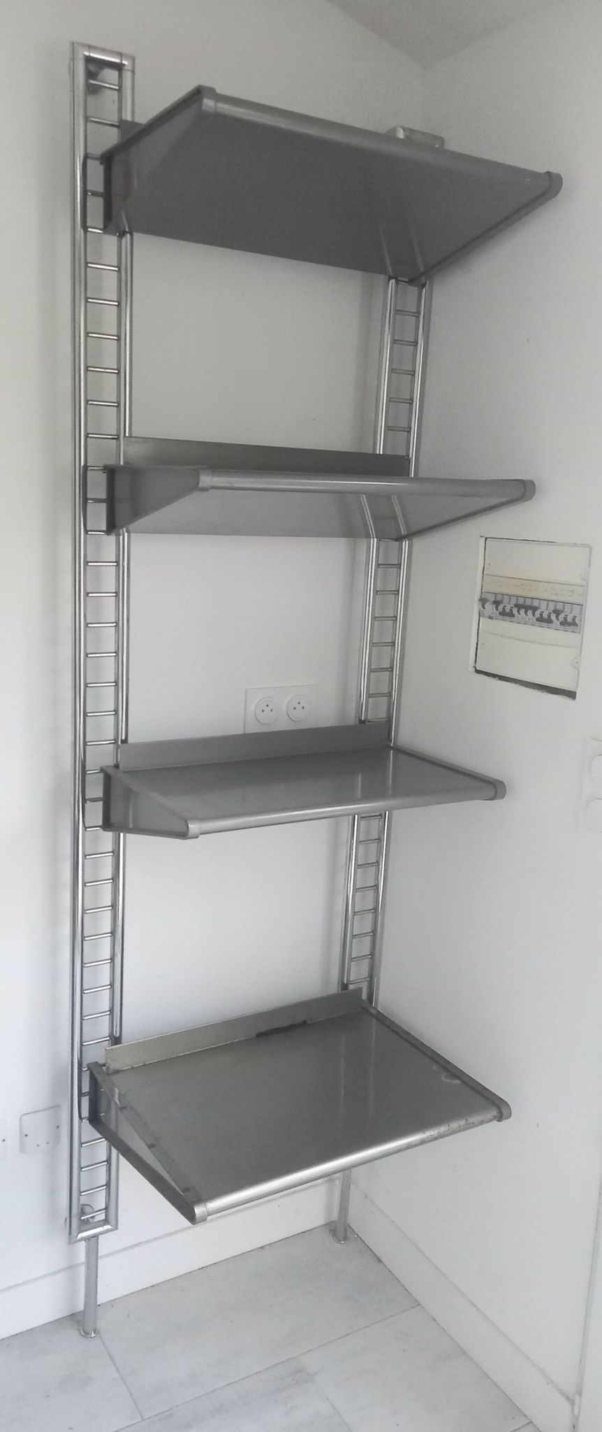 Large chrome wall shelf, aluminium and metal, 1970s industrial, 220cm.