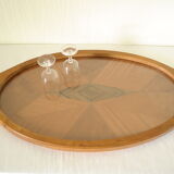 Oval wooden tray with glass and artisanal marquetry from the 70s.