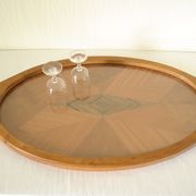Oval wooden tray with glass and artisanal marquetry from the 70s.