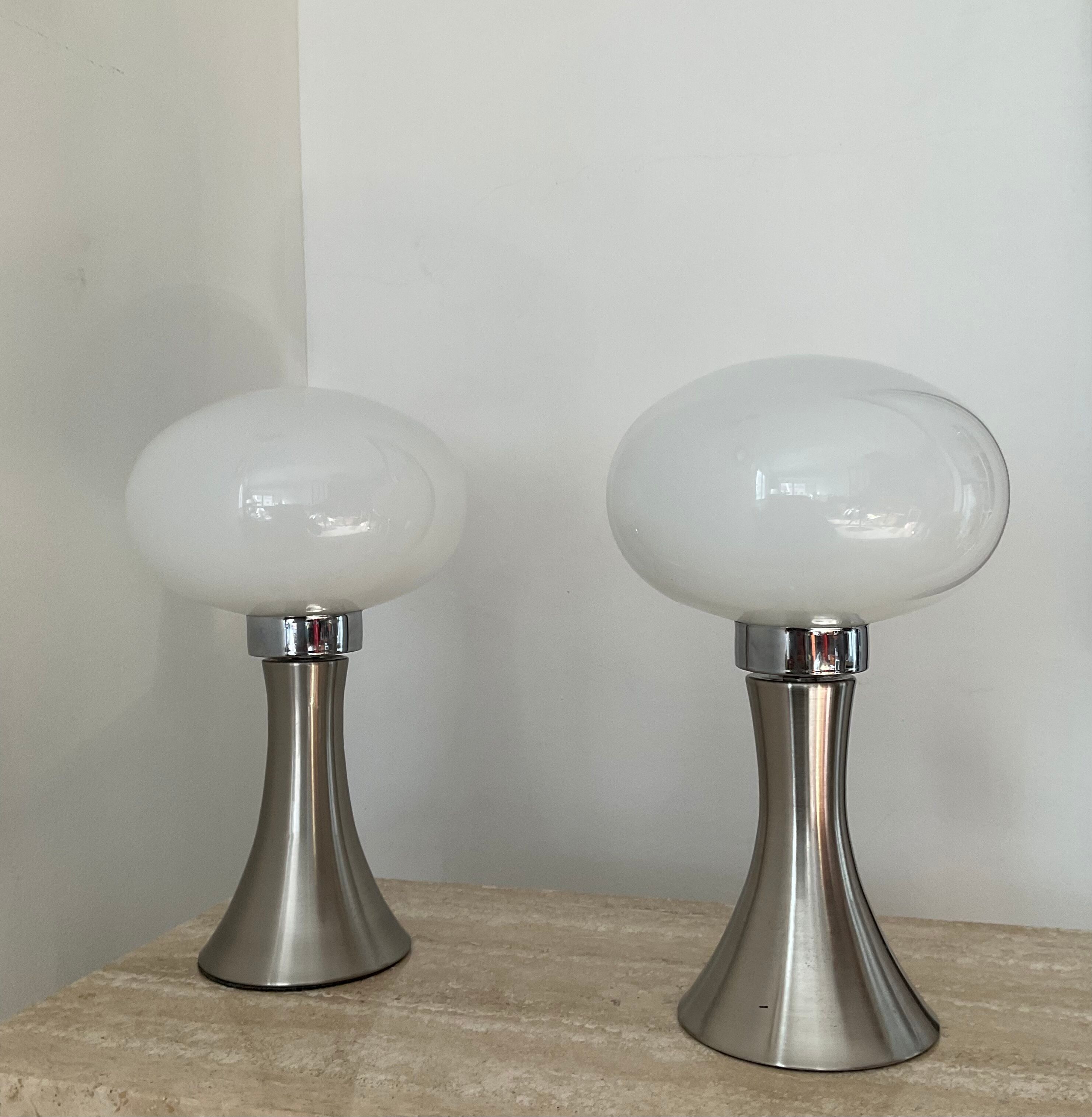Pair of lamps mushroom opaline and chromed metal 80s