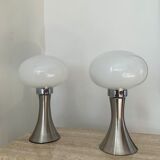 Pair of lamps mushroom opaline and chromed metal 80s