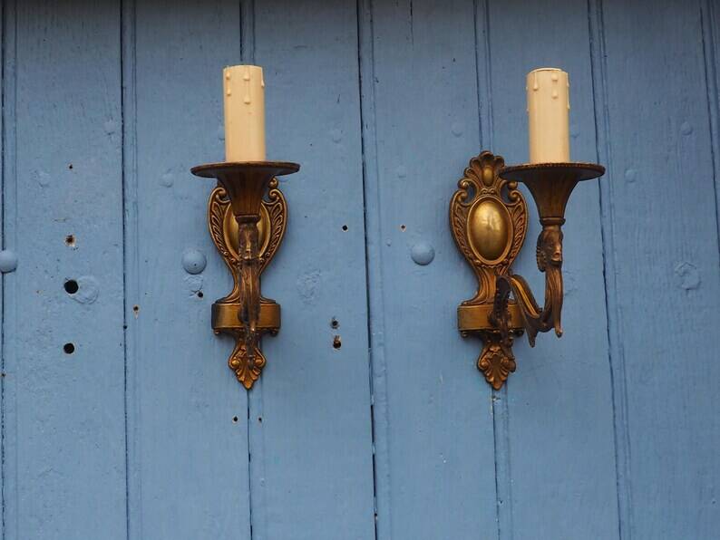 Vintage Rams Head French Bronze Wall Sconces Wall Lights C1930s Pair