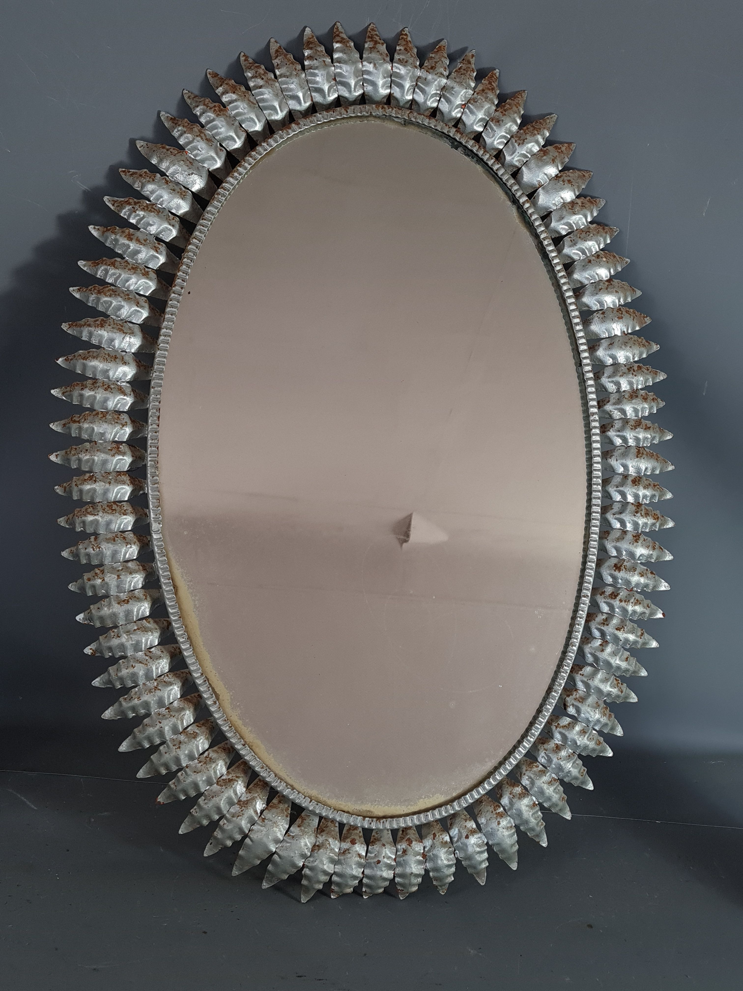 Vintage oval sun mirror 50s, silver metal 76x55 cm SB