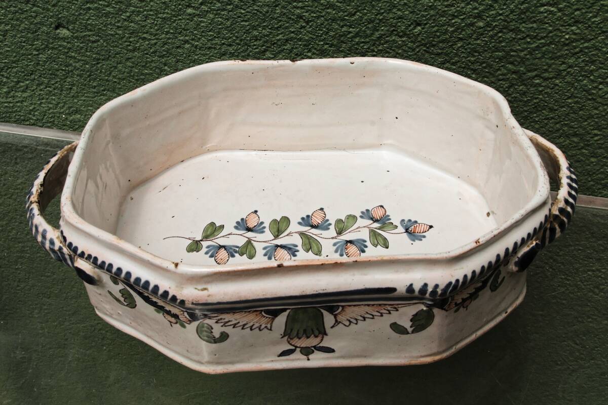 Cut-corner jardinière, in Rouen faience, 18th century