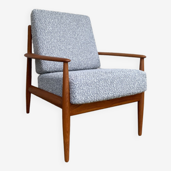 118 teak armchair by Grete Jalk, France & Son, Denmark, Metamorphosis buckle fabric