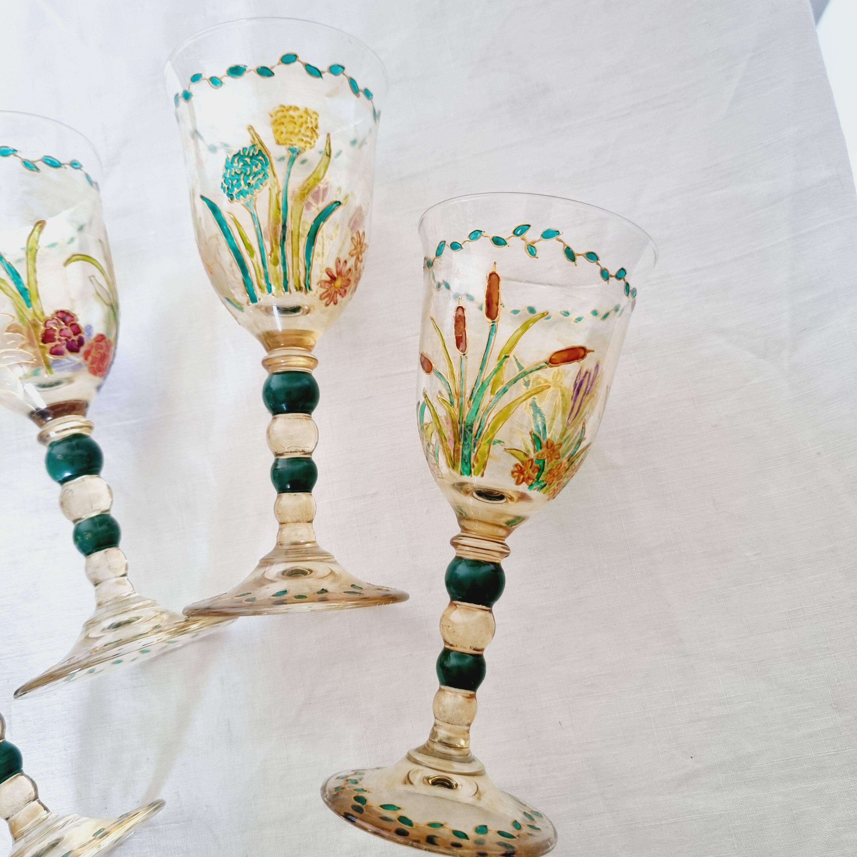 Set of 4 antique hand painted glass water or wine glasses with details inspired by the style