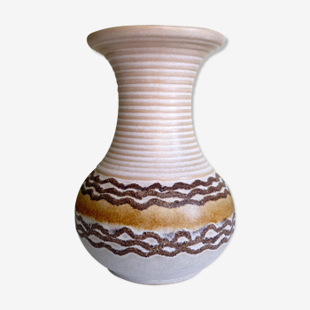 Beige neck vase ringed ceramic German VEB Fat Lava Era