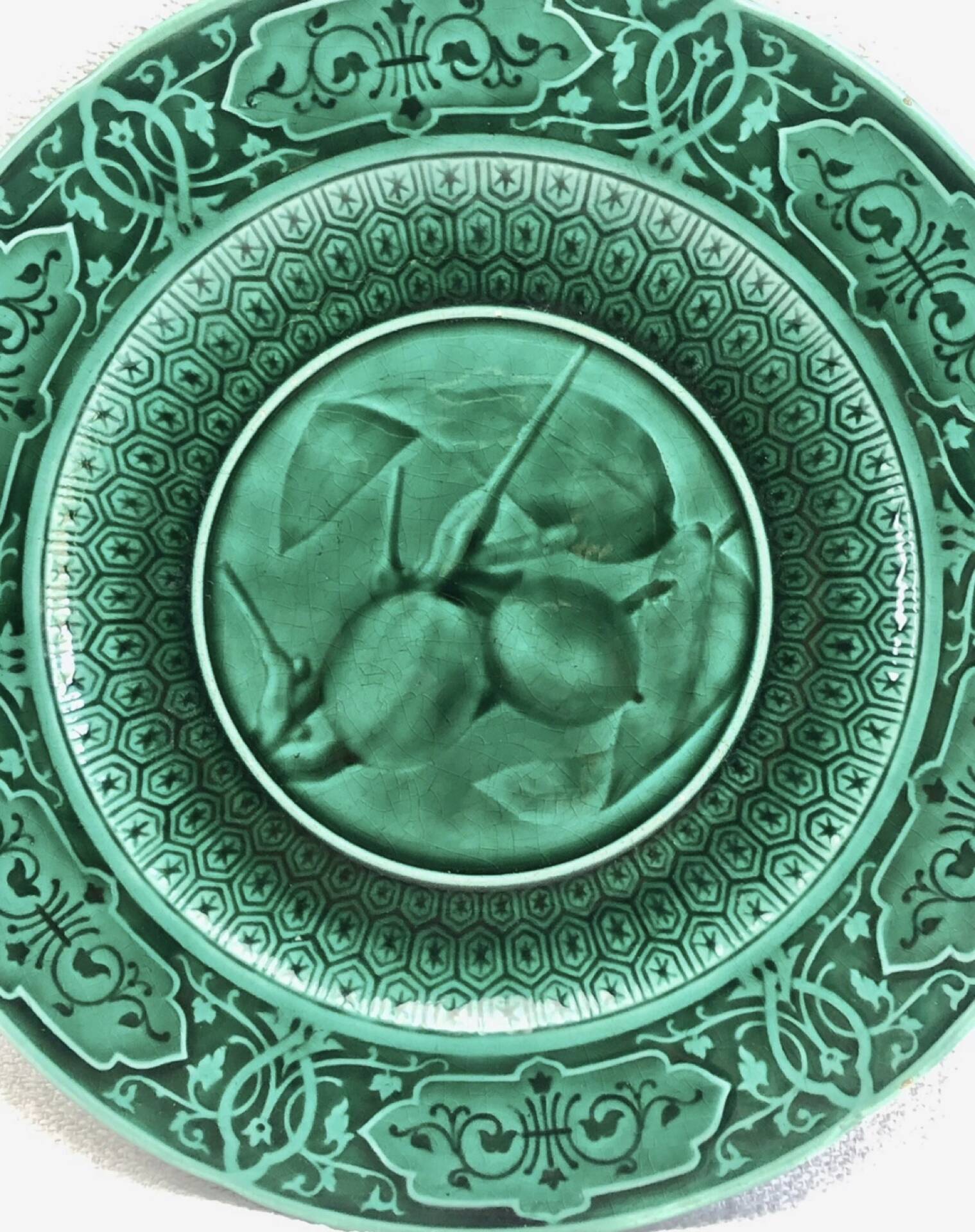 3 dessert plates XIX Sarreguemines Majolica shaded enamel Rubelles