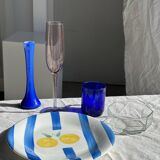 3 large Italian plates with blue stripes and lemons pattern