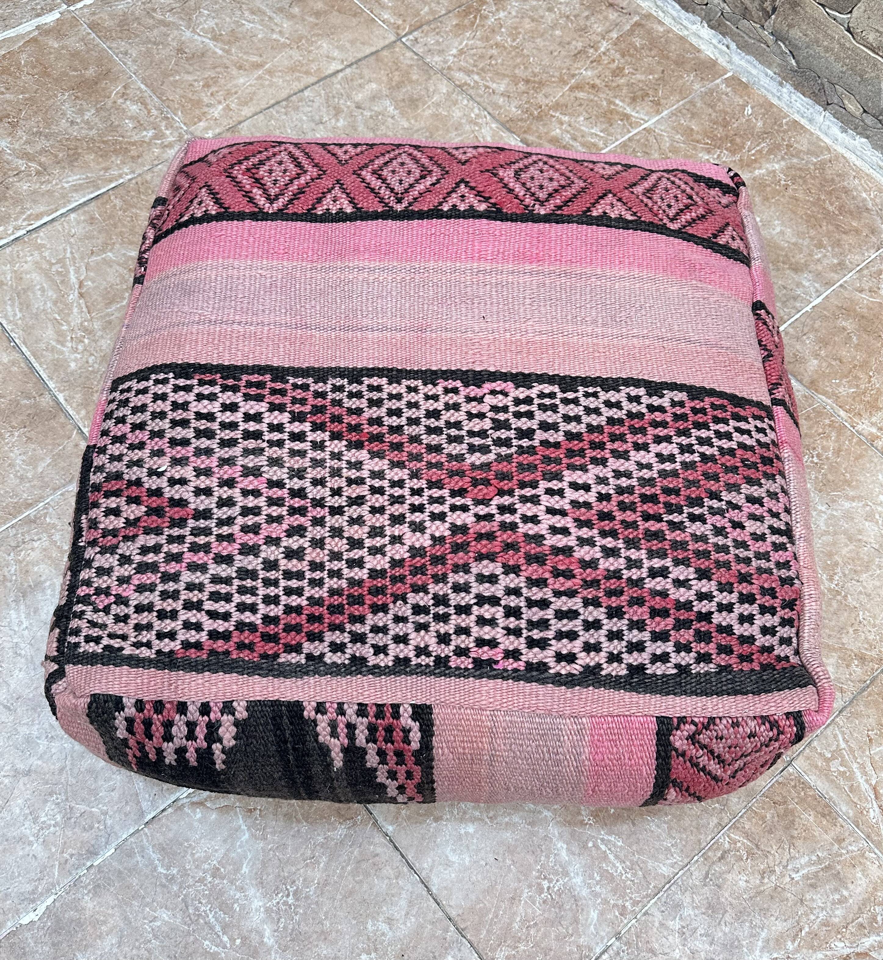 Vintage Berber Kilim Pouf: Handmade Moroccan Floor Cushion