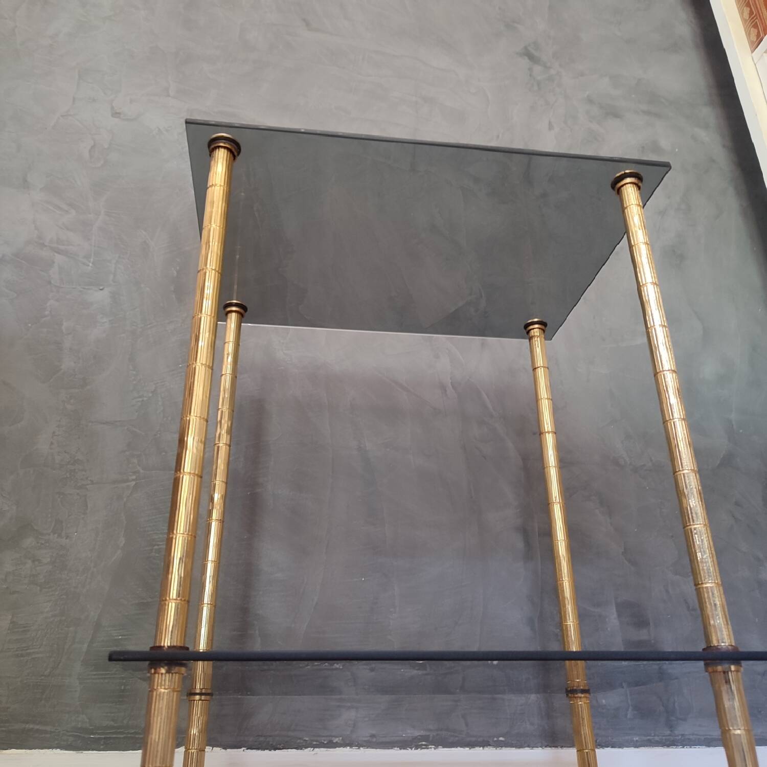 Smoked glass side table or pedestal table from the 70s