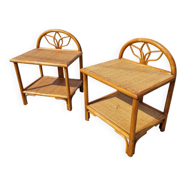 Paire de tables de chevet en bois et paille tressée - vers 1960.