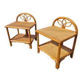Pair of bedside tables in wood and woven straw - around 1960.
