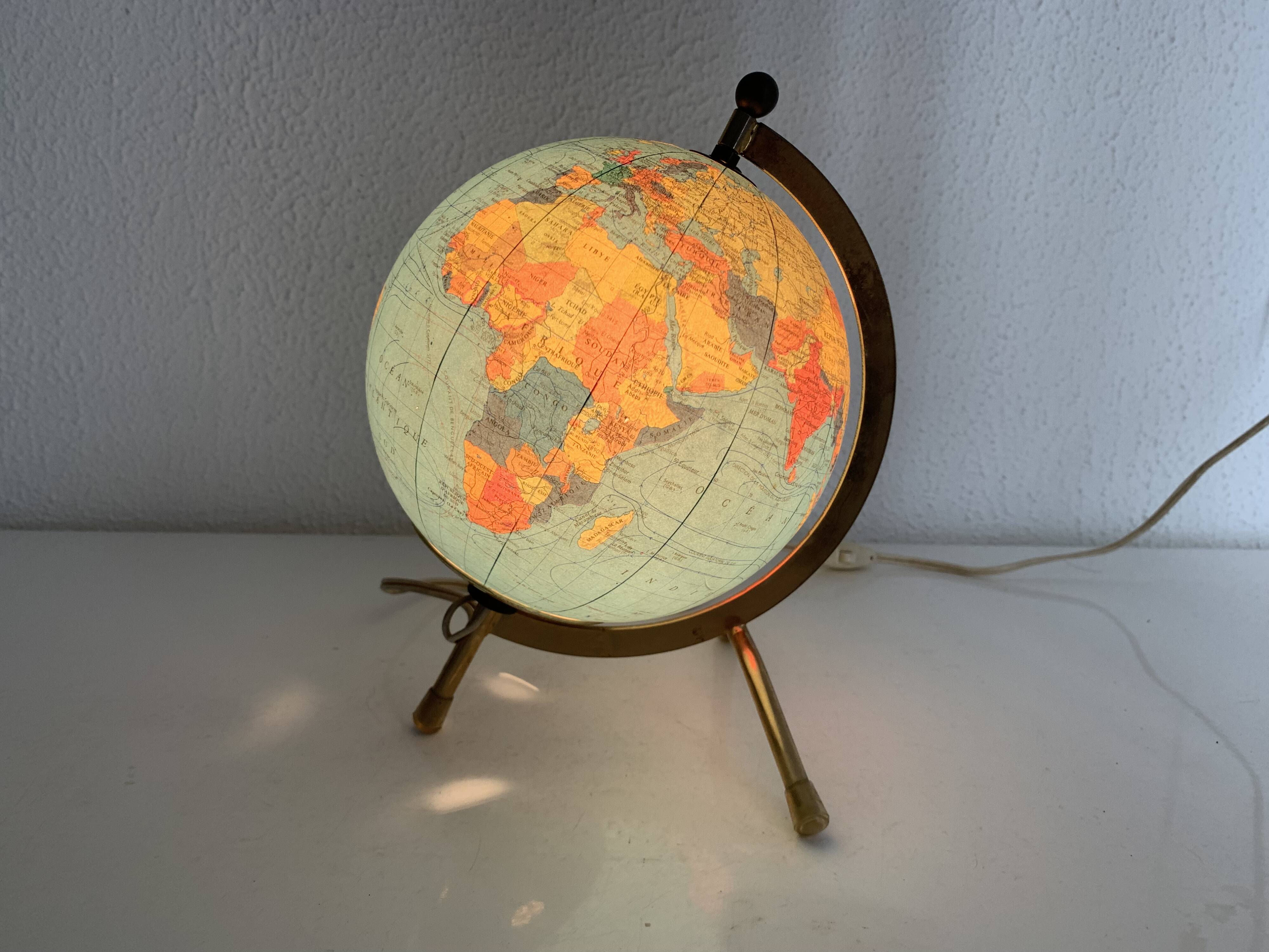 Vintage 1970s Taride tripod globe with gilded glass world map - 23 cm