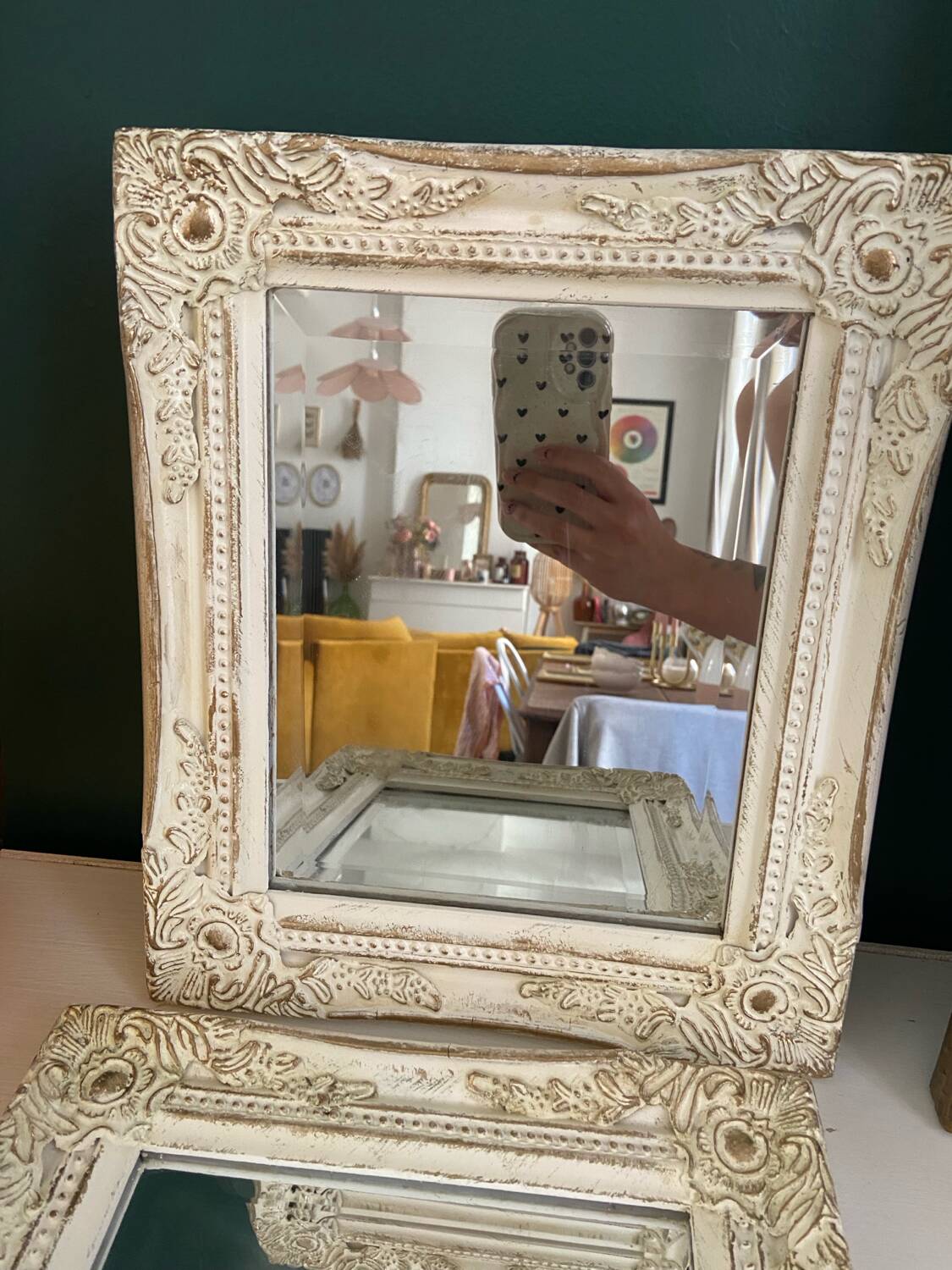 Set of two pretty mirrors in white, beige, and gold tones. Bohemian
