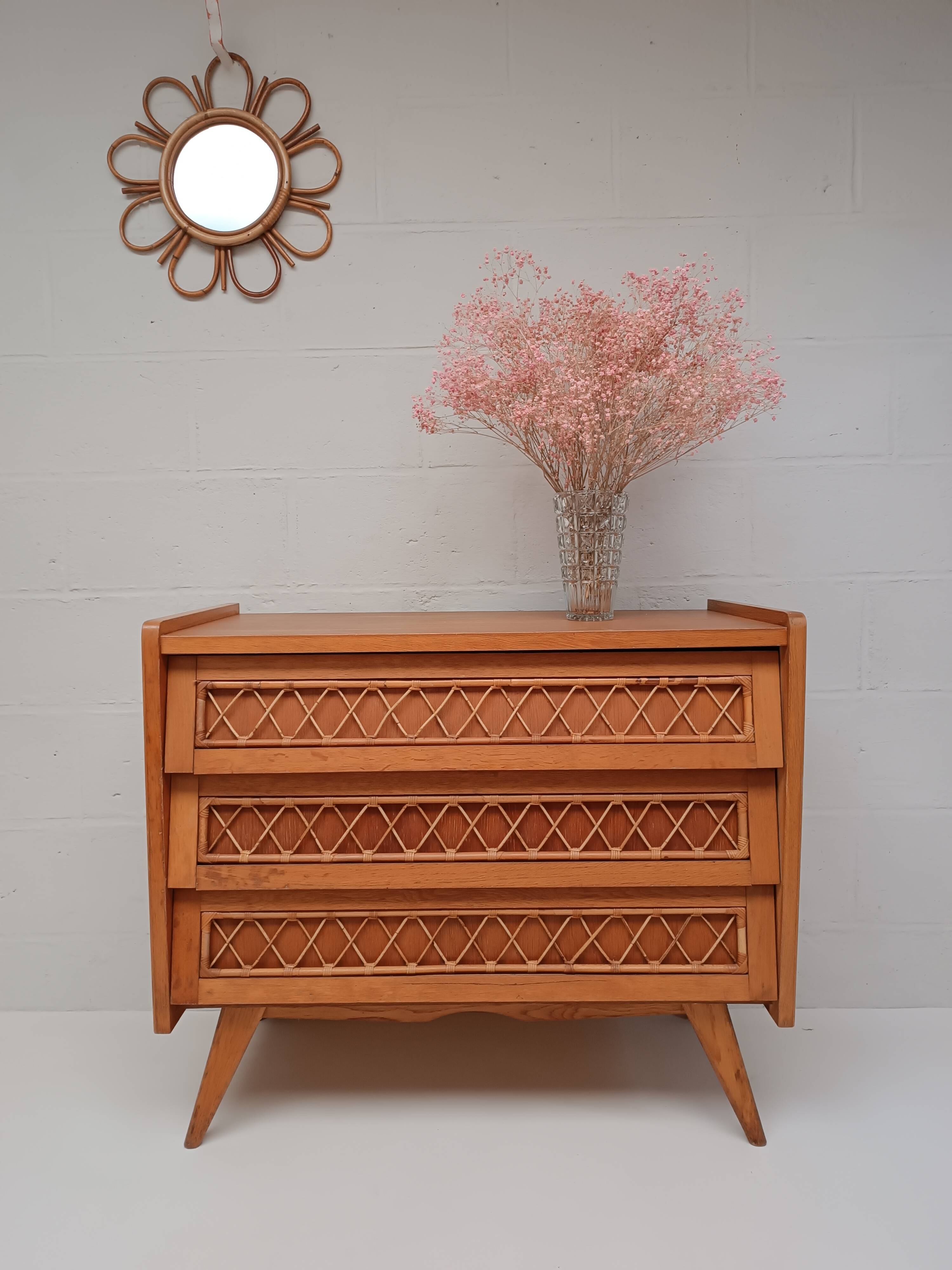 Vintage wood and rattan chest of drawers