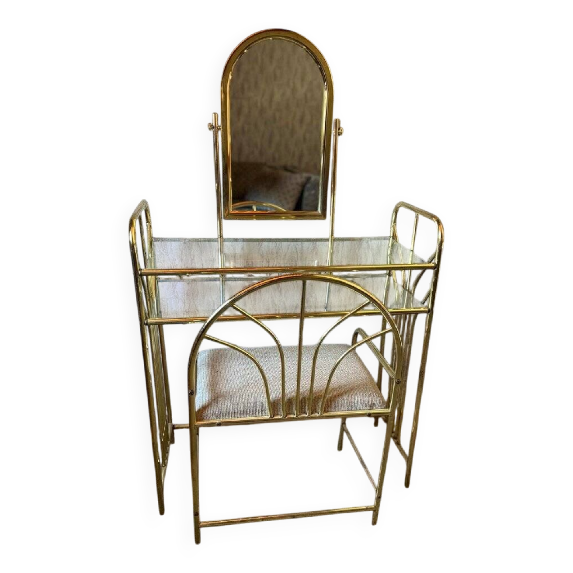 Vintage dressing table and stool in brass, 1950s, set of 2