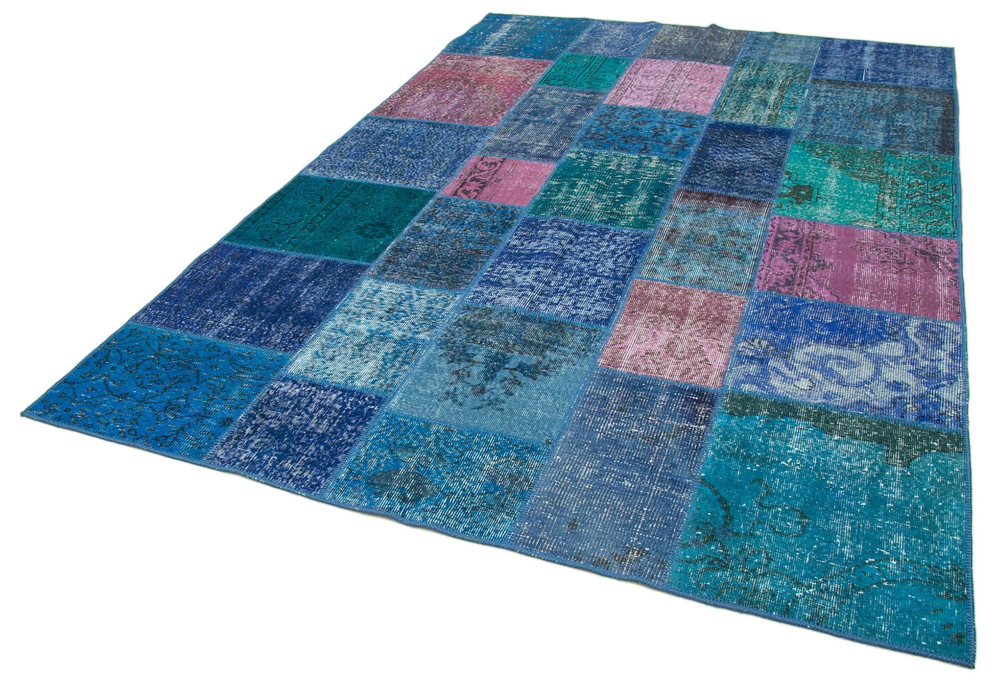 Handmade anatolian vintage 202 cm x 300 cm blue patchwork carpet