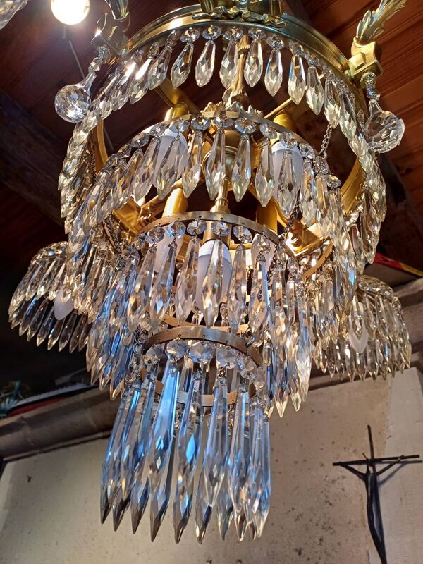 Lustre à pampilles ancien cristal est bronze époque XIXeme