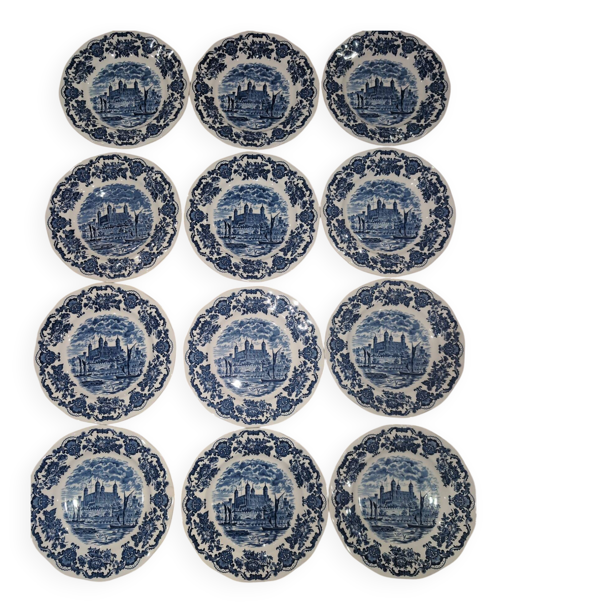 Service of 12 Enoch Wedgwood Tower of London 20cm Dinner Plates New