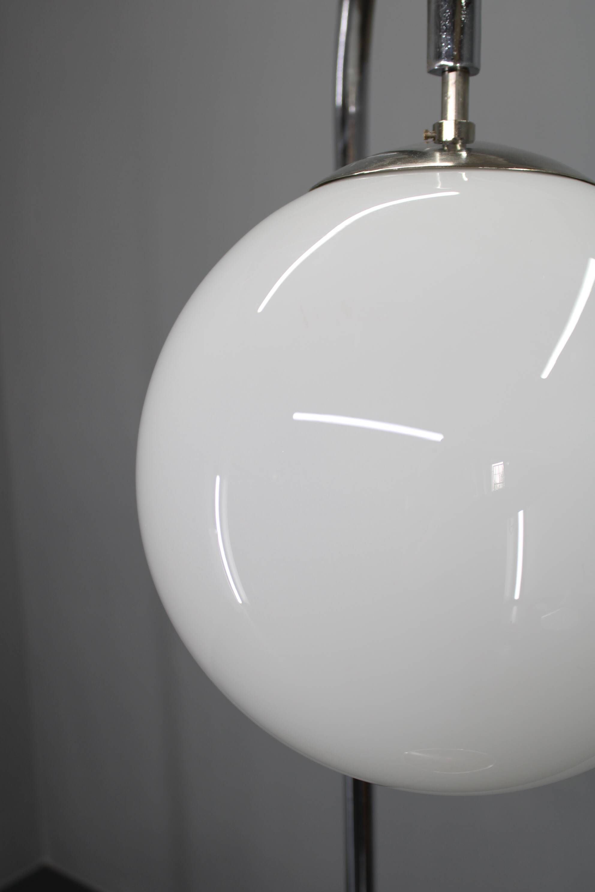 Art Deco chrome floor lamp, milk glass, walnut base, 1930s Czechoslovakia