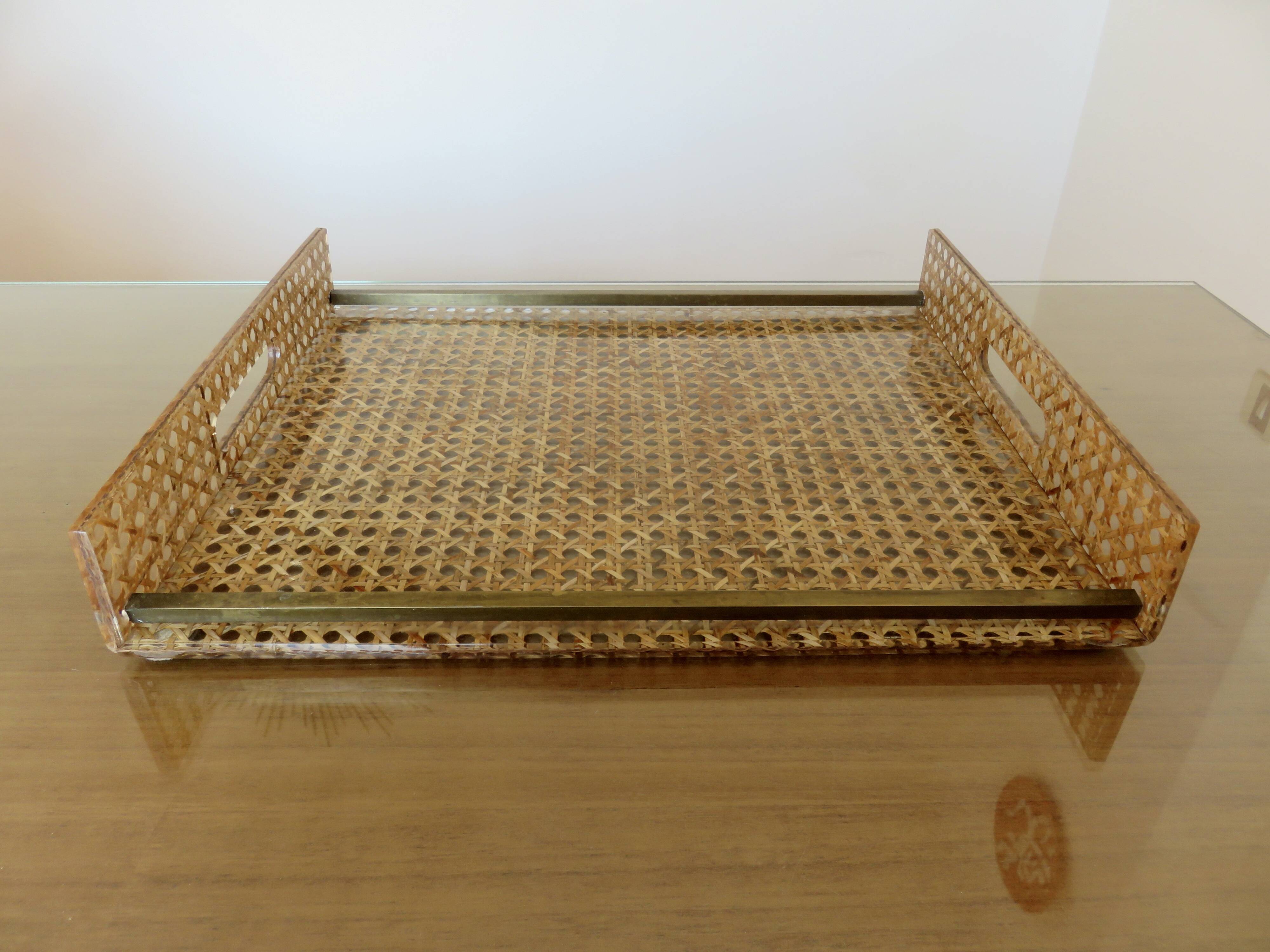 Plateau 'CHRISTIAN DIOR' plexiglass, canework and brass, 1970, lucite