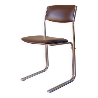 Chaise de bureau en skaï marron et pieds tubulaires chrome design 1970