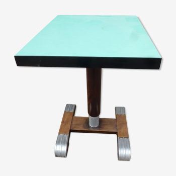 Table de bistrot vintage 2 places plateau vert en formica et bois