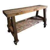 Îlot de cuisine établi français industriel, table de travail ancienne en châtaignier et chêne, vers 1900