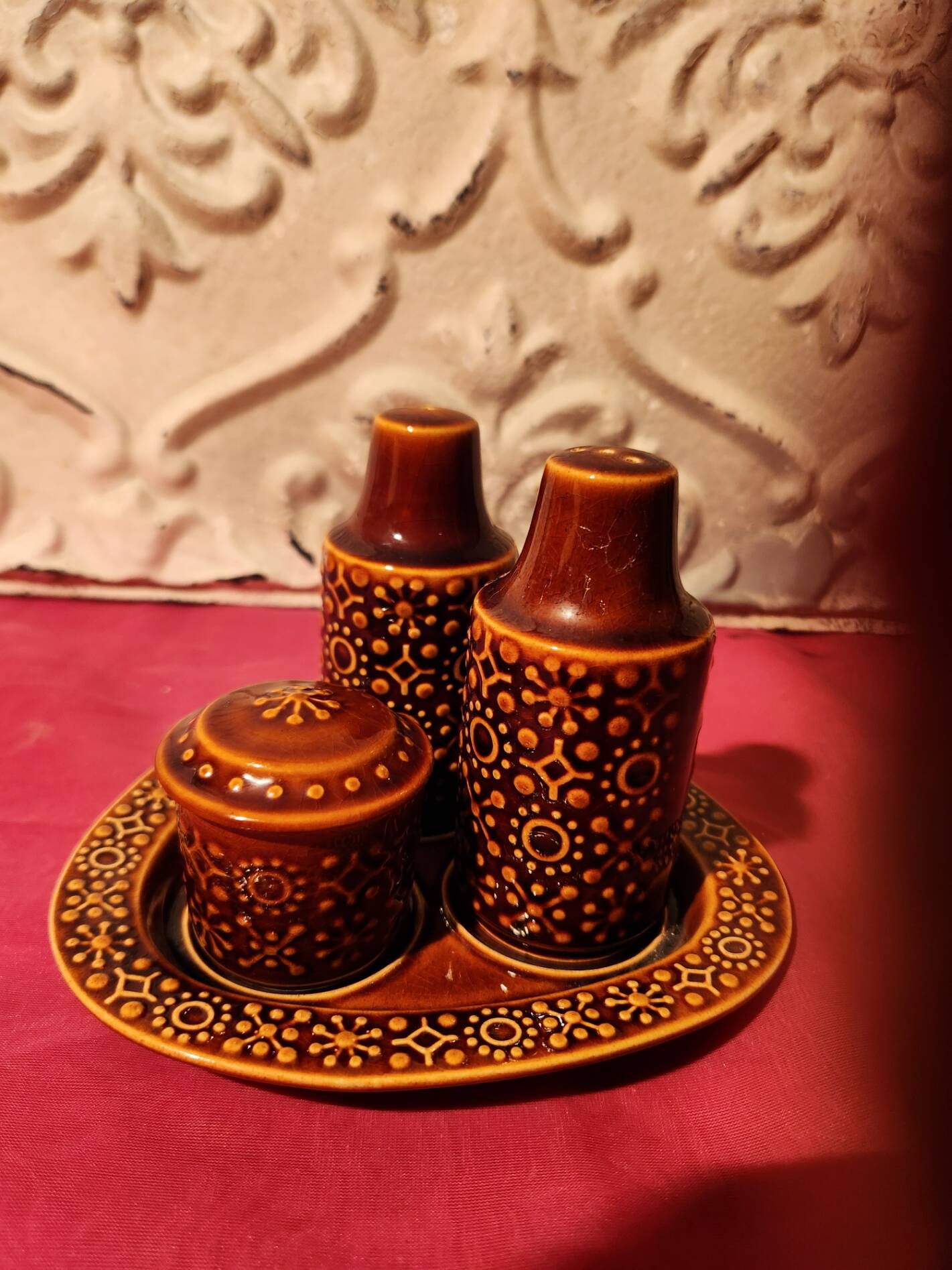 Set of ceramic condiments: salt, pepper, mustard, Connemara Celtic.