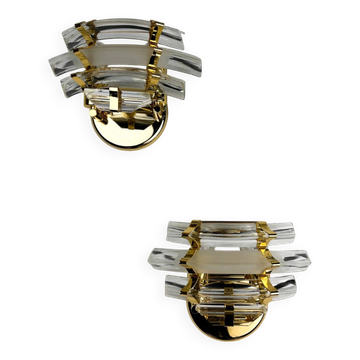 Pair of Venini Triedi curved cut glass sconces, Italy, circa 1970s