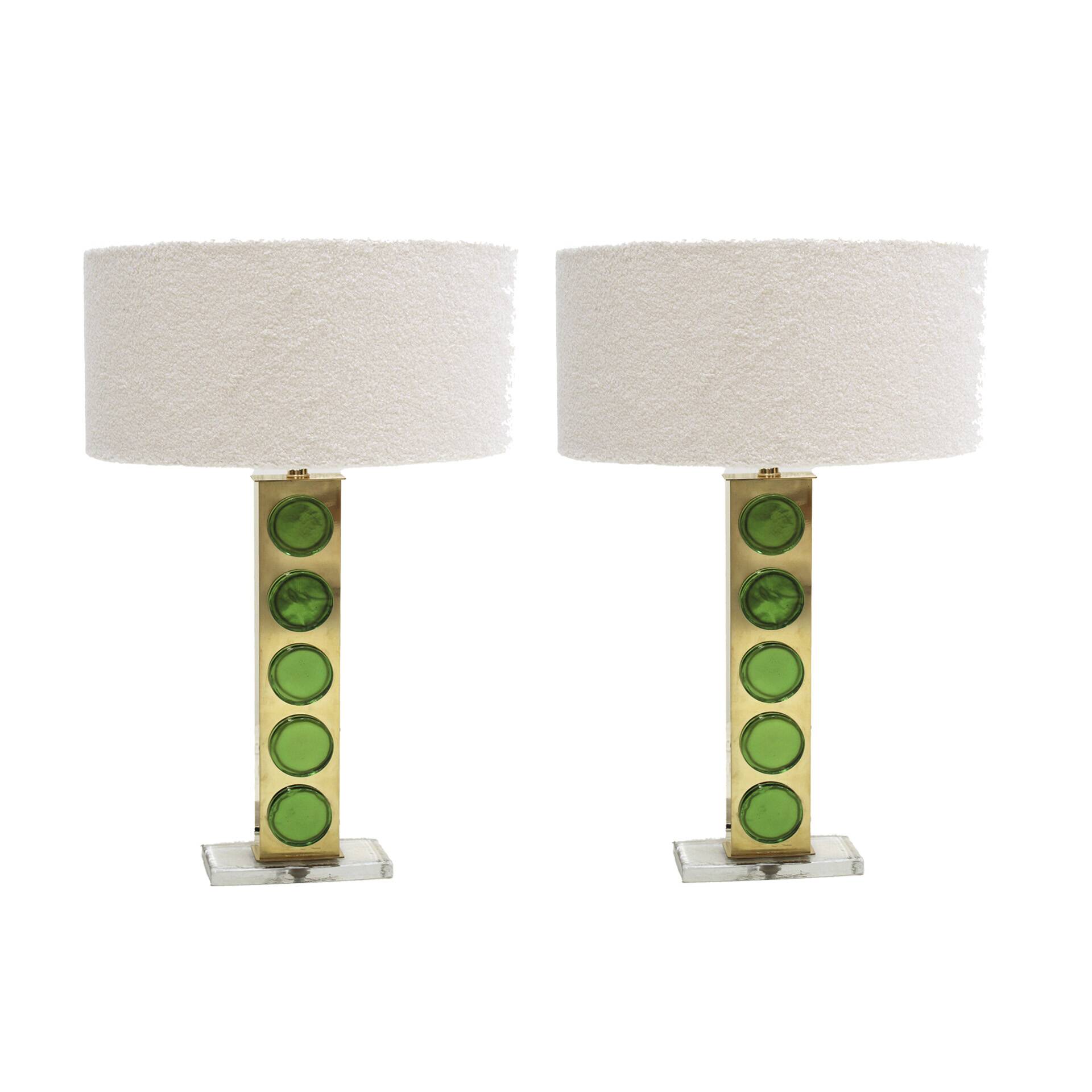 Mid Modern Style Pair of Brass Italian Table Lamps with Green Murano Glass