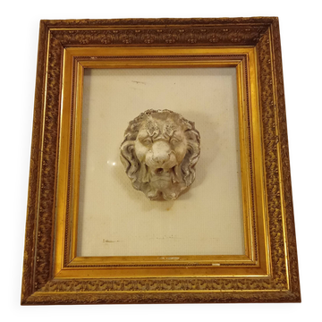 Antique large gilded frame with lion head ornament on plexiglass