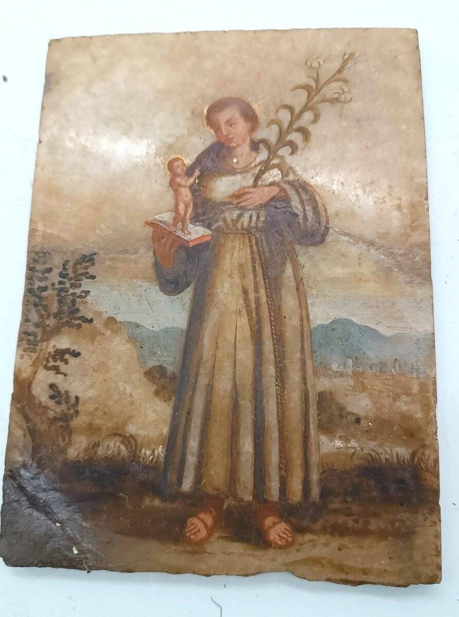 Antique painting on alabaster, Italy, 18th century, Saint Anthony of Padua
