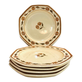 X5 earthenware plates Longchamp France -brown floral decoration