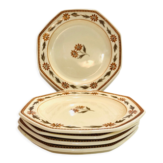 X5 assiettes en faïence Longchamp France -décor floral marron