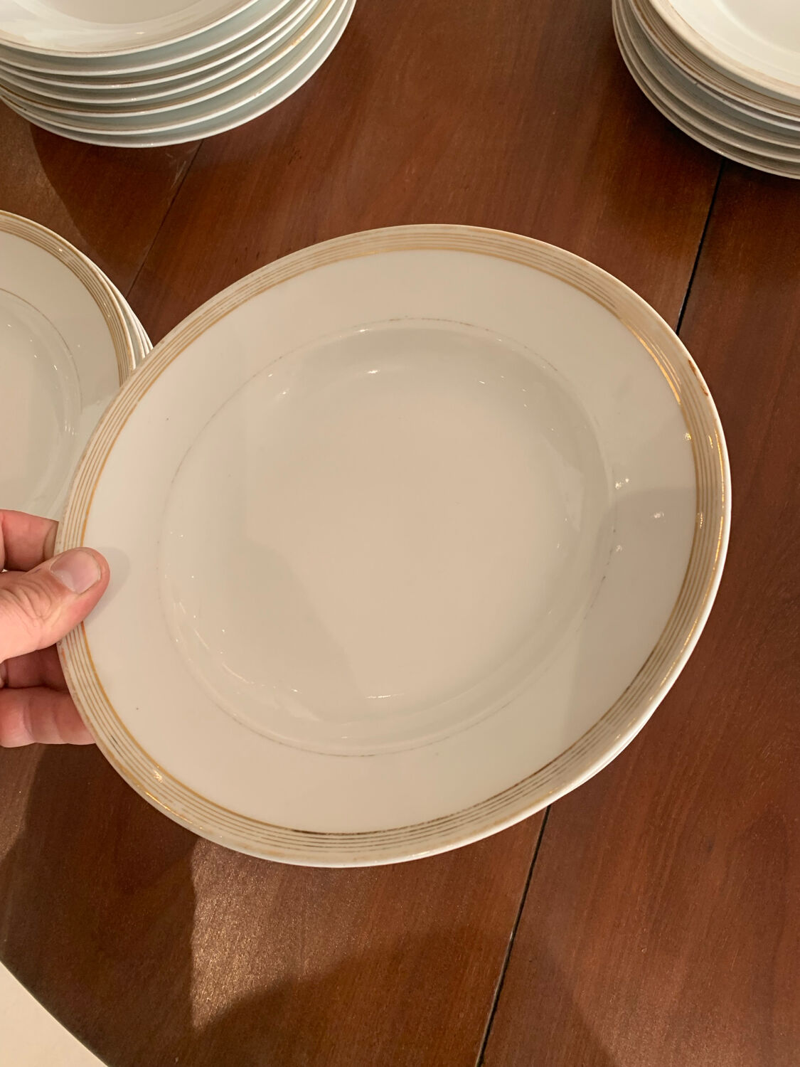 Lot of six soup plates, old, crockery, white, gilded