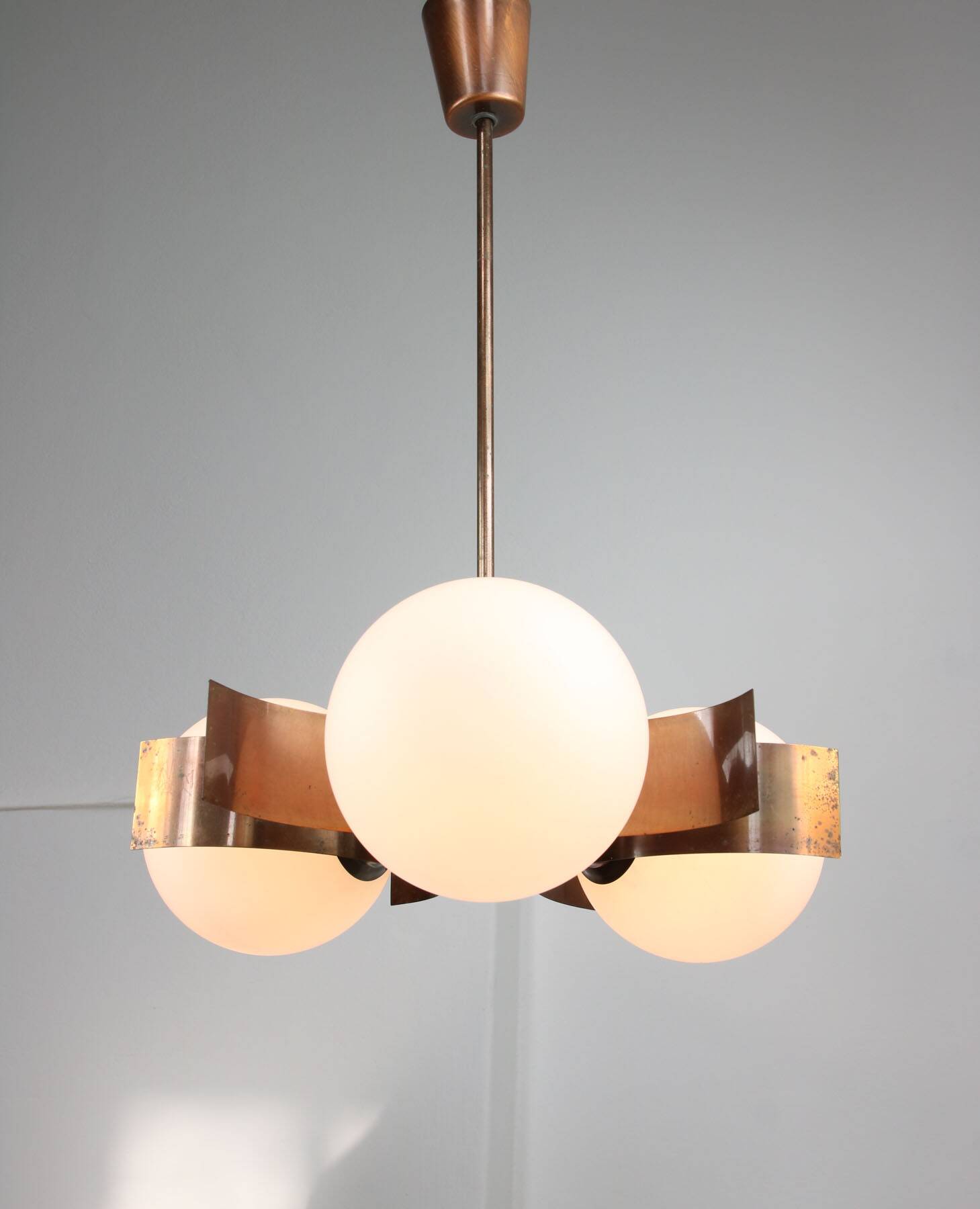 Vintage Italian Copper & Opaline Glass Chandelier