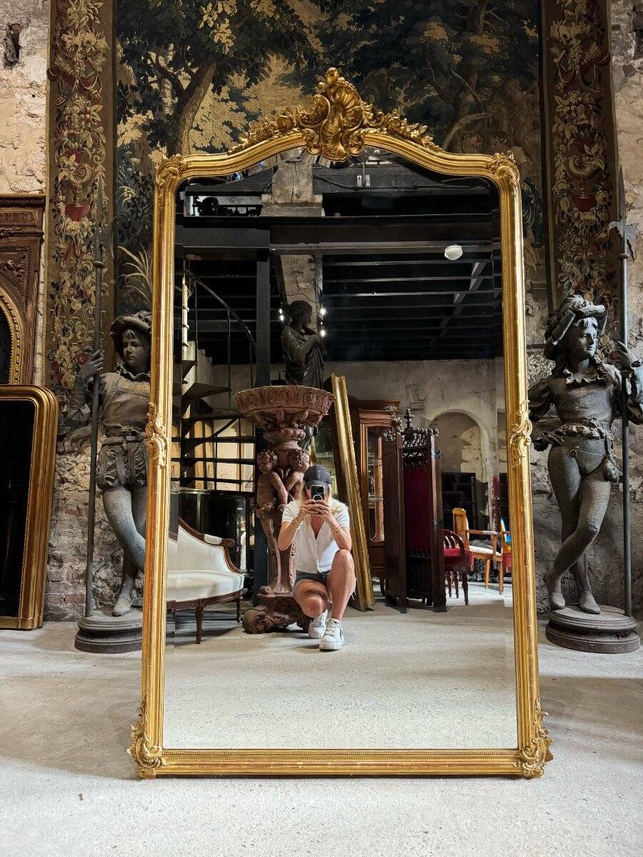 Napoleon III Period Fireplace Mirror in Gilded Wood with Louis XV Style Leaf
