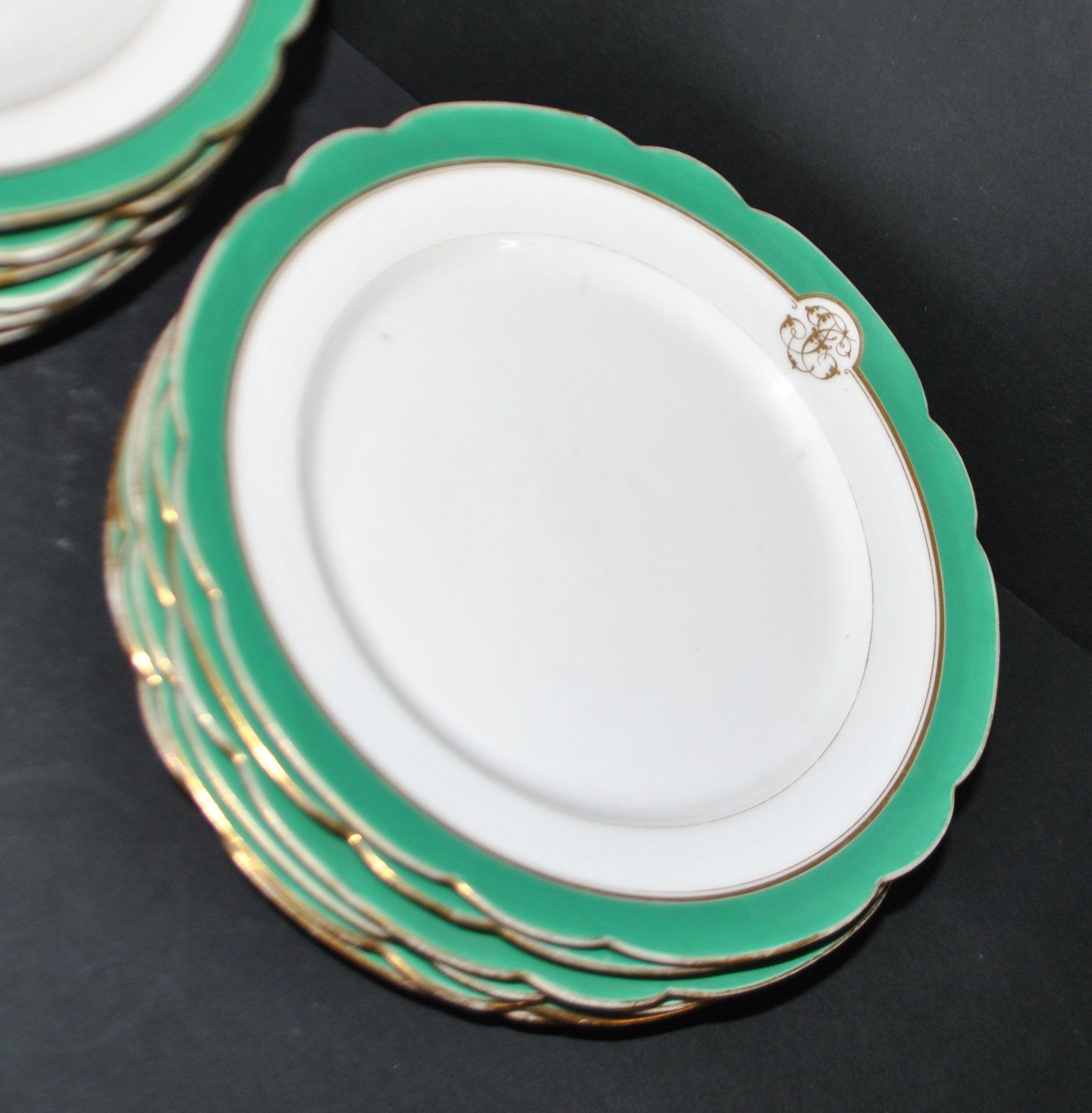 Paris porcelain set of 6 flat plates and 6 deep plates with JC gold monogram.