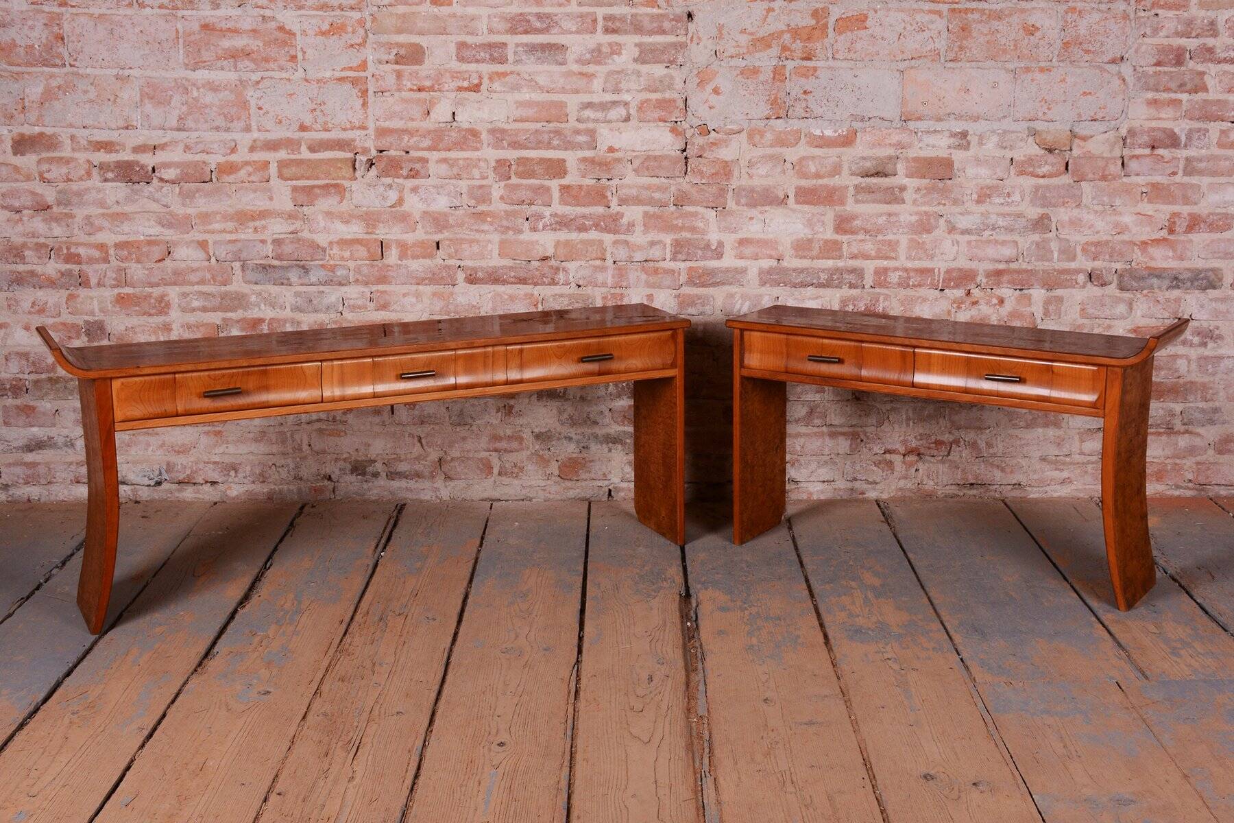Console Tables in Walnut and Cherry, Czech, 1920s, Set of 2