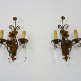 Pair of vintage Italian wall lamps in gilded metal, glass grapevines. Year 60