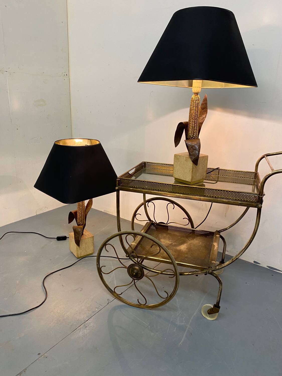 Vintage Bronze, Brass and Travertin Table Lamps in the manner of Maison Charles, 1970s, Set of 2